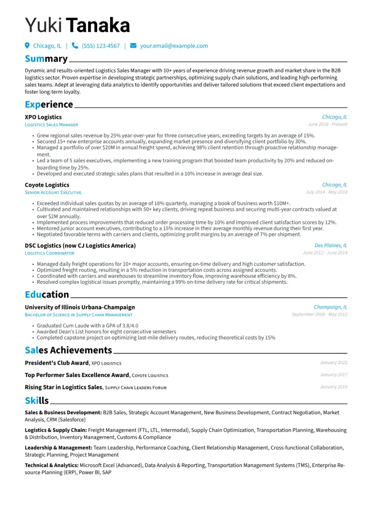 Logistics Sales Manager Resume Example CV template preview