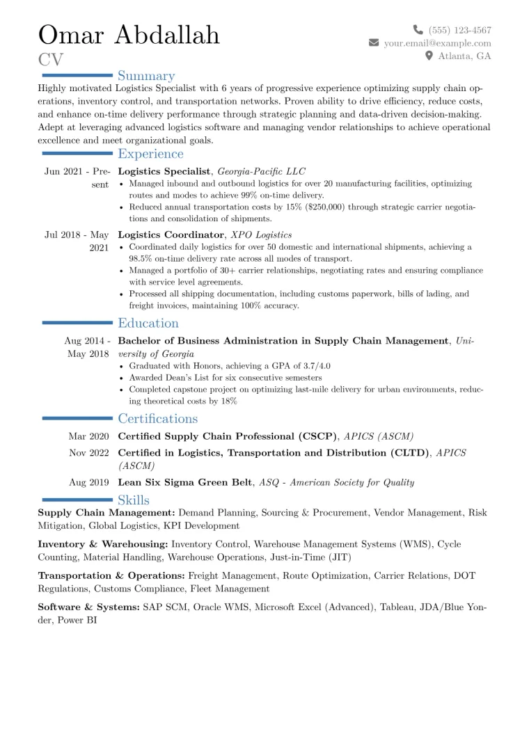 Logistics Specialist Resume Example CV template preview