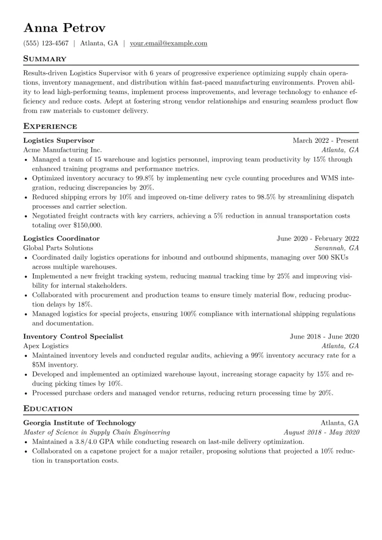 Logistics Supervisor Resume Example CV template preview
