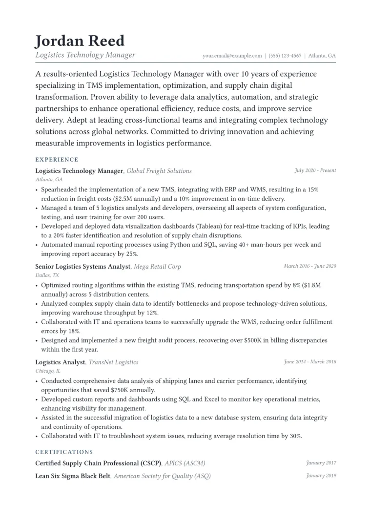 Logistics Technology Manager Resume Example CV template preview