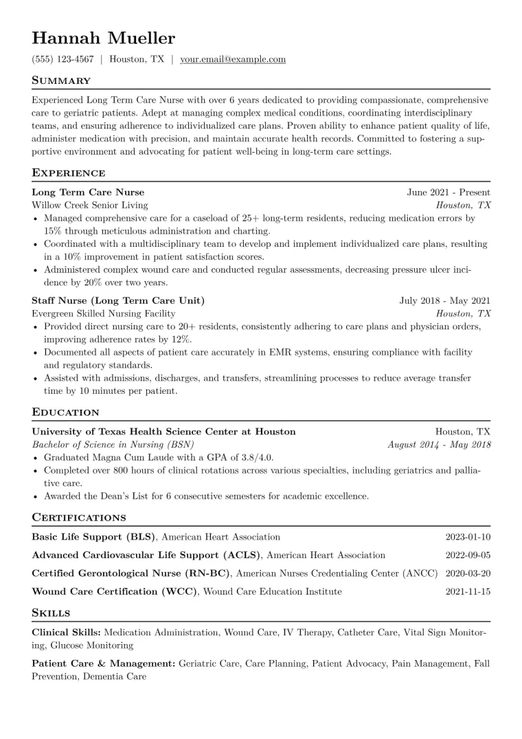 Long Term Care Nurse Resume Example CV template preview