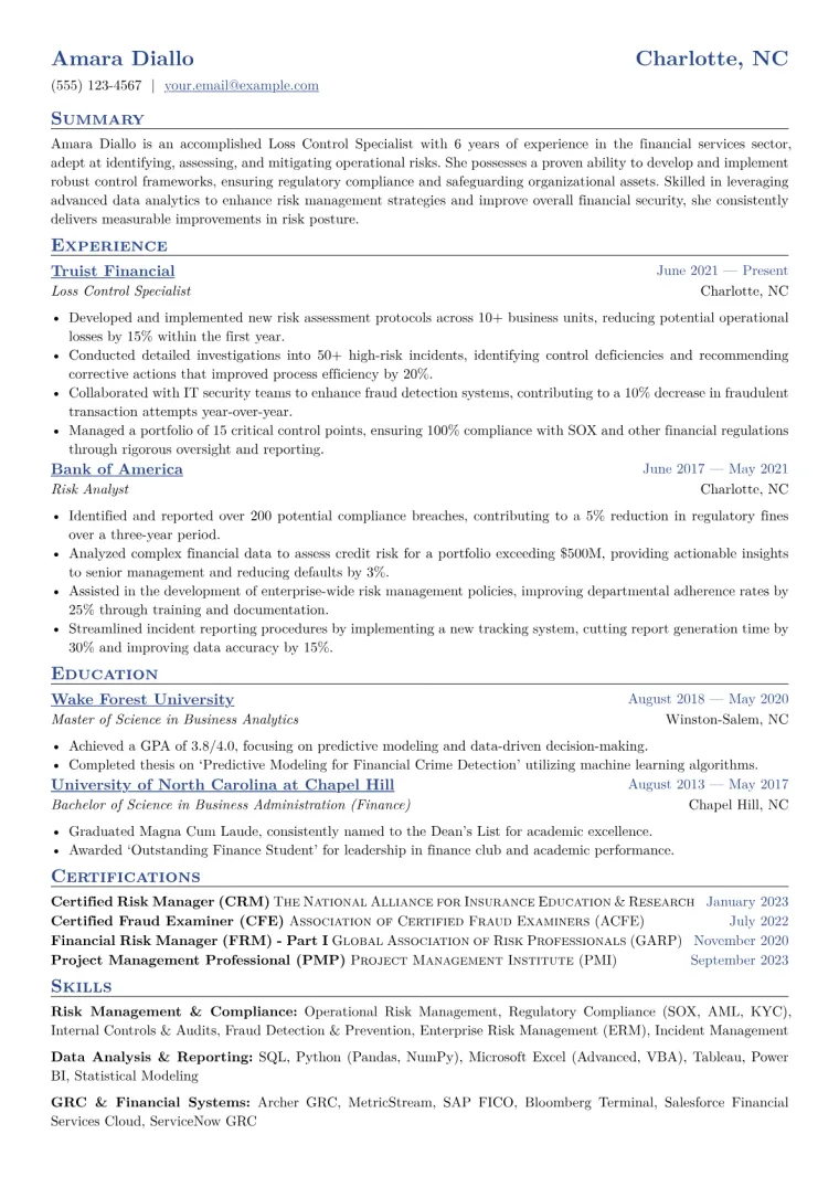 Loss Control Specialist Resume Example CV template preview