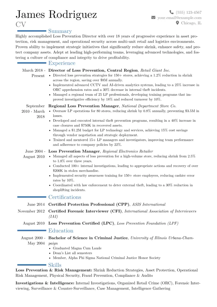 Loss Prevention Director Resume Example CV template preview