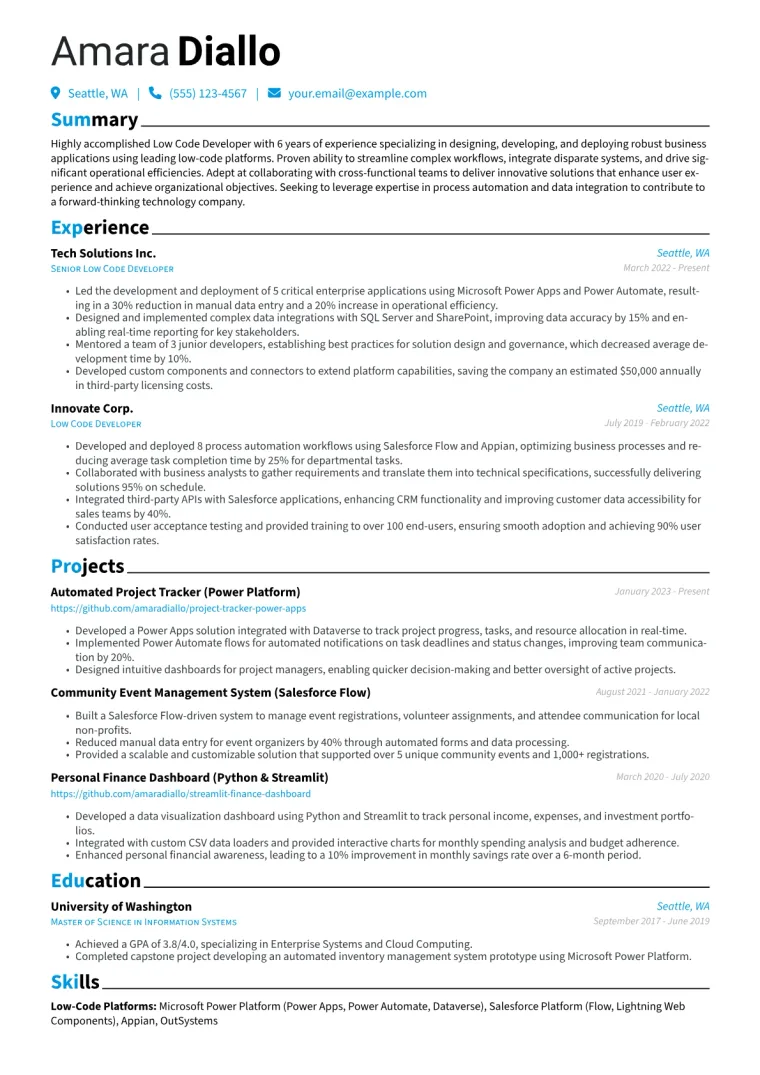 Low Code Developer Resume Example CV template preview