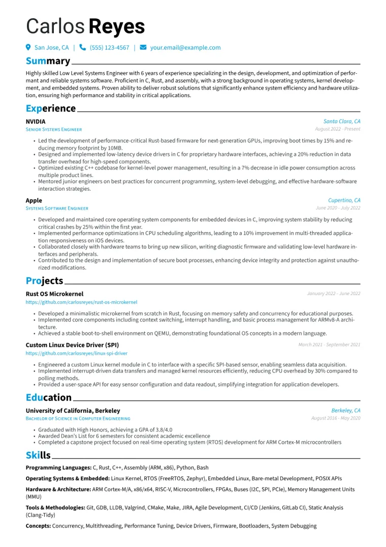 Low Level Systems Engineer Resume Example CV template preview