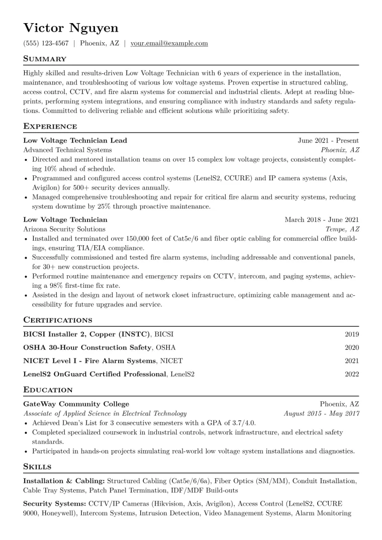 Low Voltage Technician Resume Example CV template preview