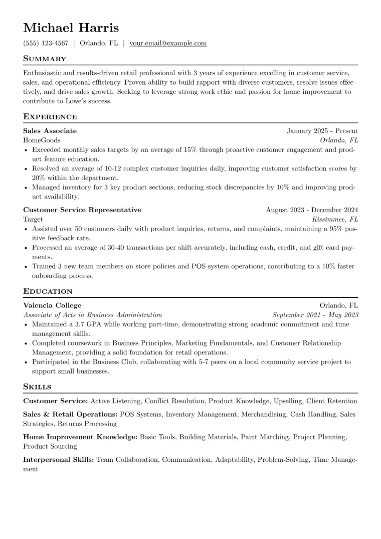 Lowe's Resume Example preview