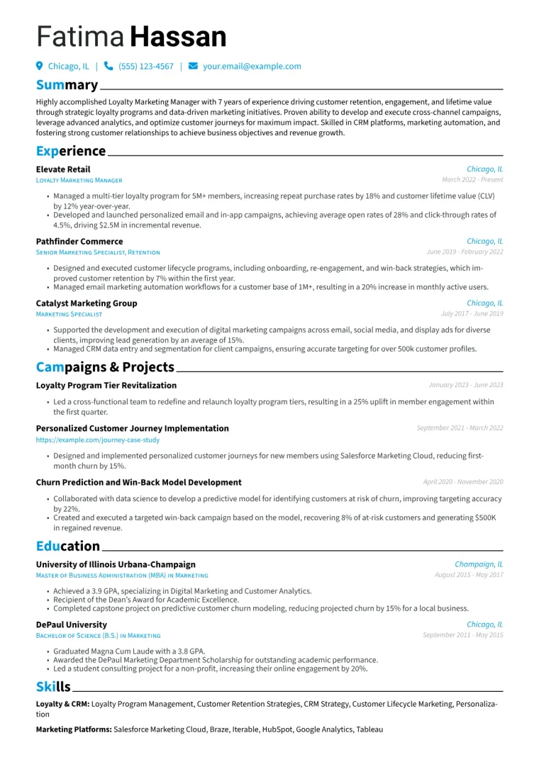 Loyalty Marketing Manager Resume Example CV template preview