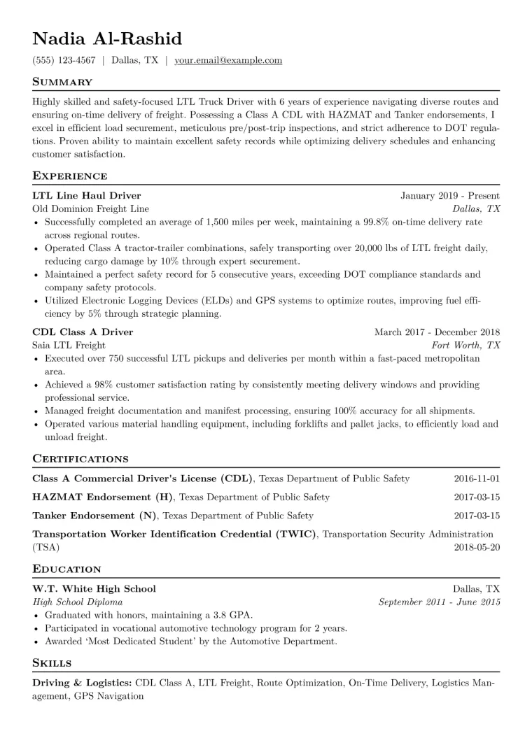 LTL Truck Driver Resume Example CV template preview