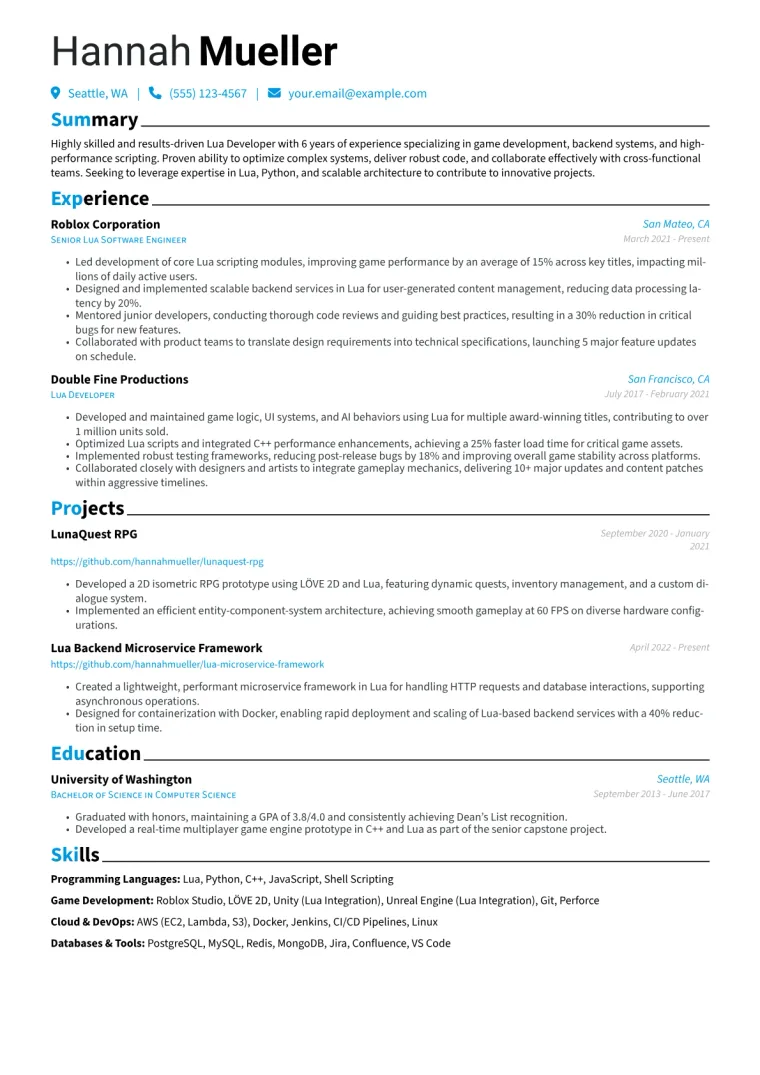 Lua Developer Resume Example CV template preview