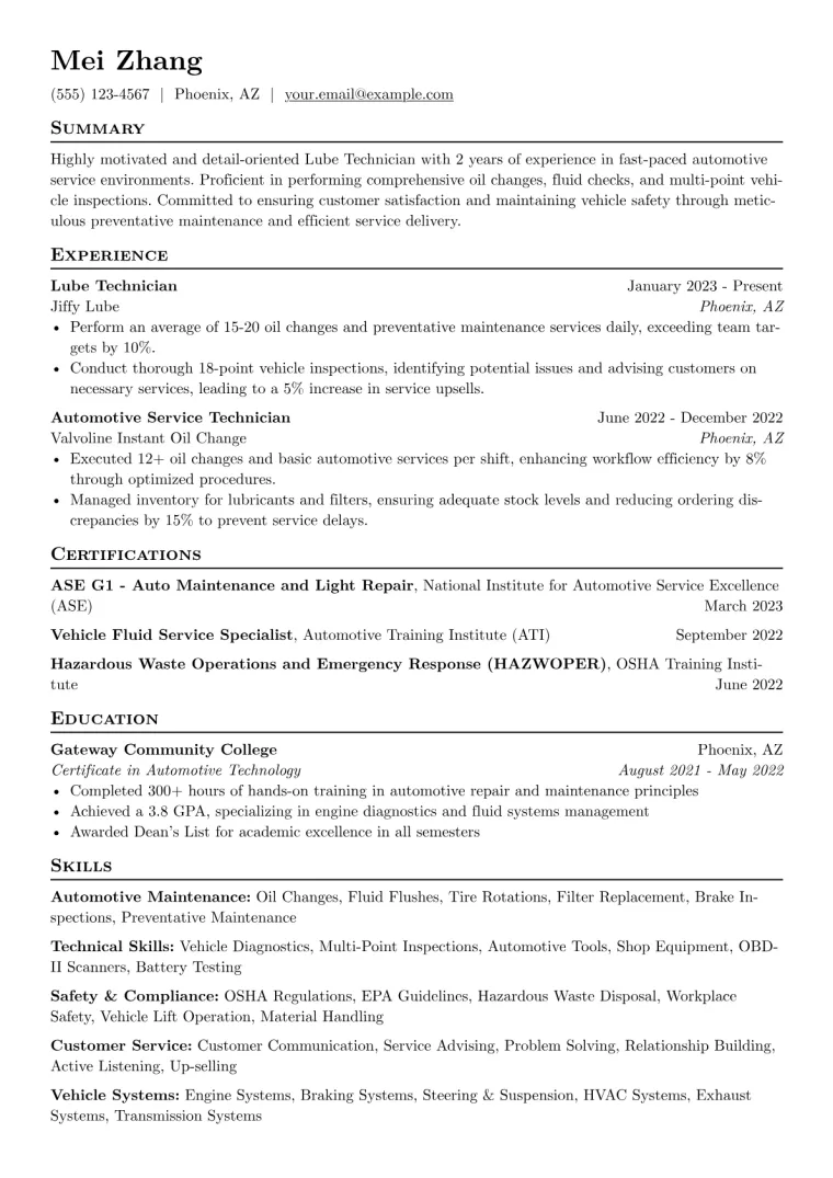 Lube Technician Resume Example CV template preview
