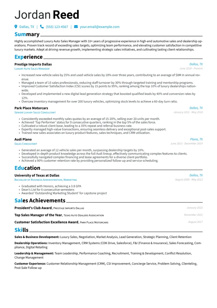 Luxury Auto Sales Manager Resume Example CV template preview
