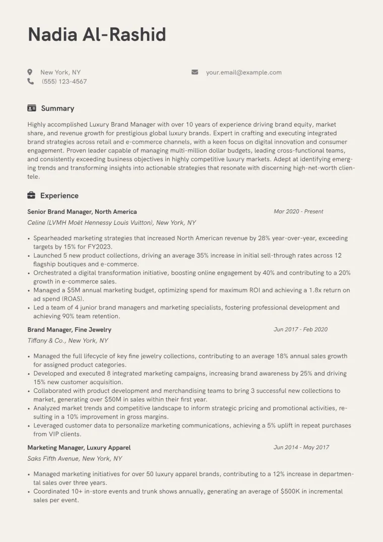 Luxury Brand Manager Resume Example CV template preview