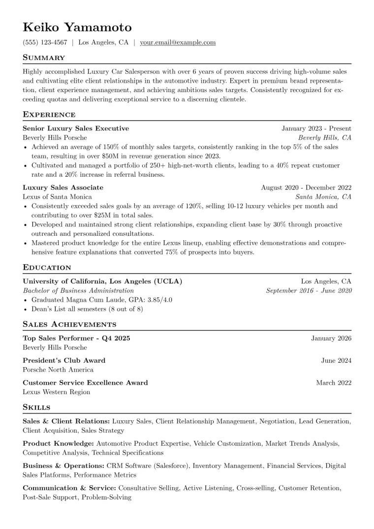Luxury Car Salesperson Resume Example CV template preview