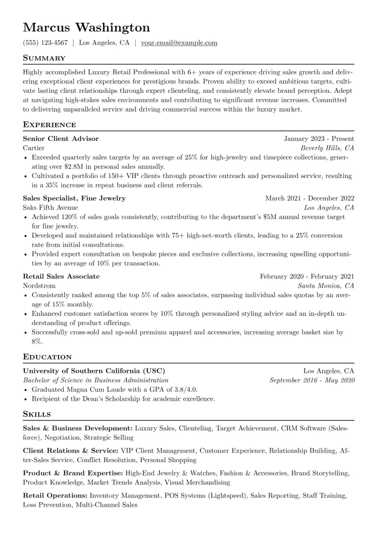 Luxury Retail Professional Resume Example CV template preview