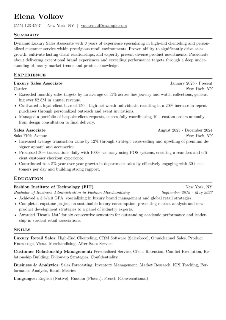 Luxury Sales Associate Resume Example CV template preview