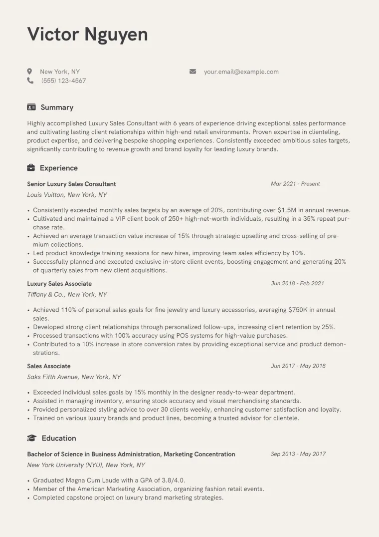 Luxury Sales Consultant Resume Example CV template preview