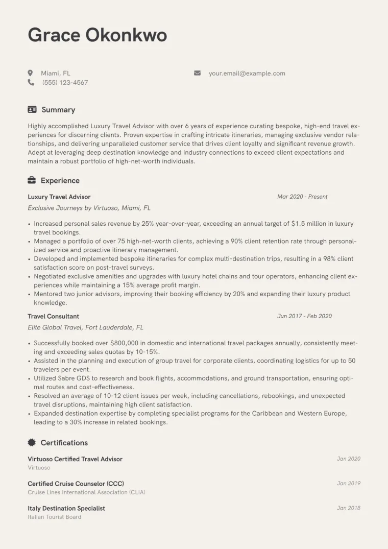 Luxury Travel Advisor Resume Example CV template preview