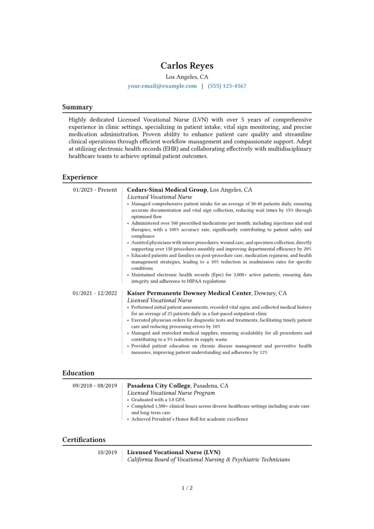 LVN Resume Example preview