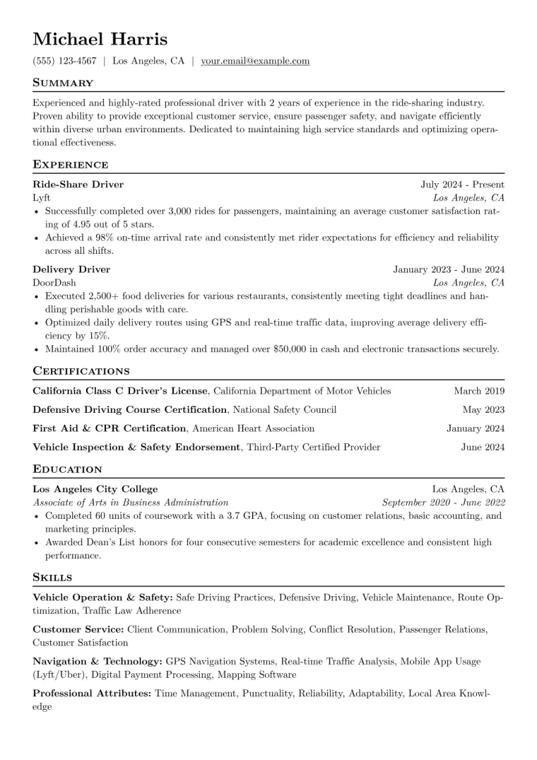 Lyft Driver Resume Example CV template preview