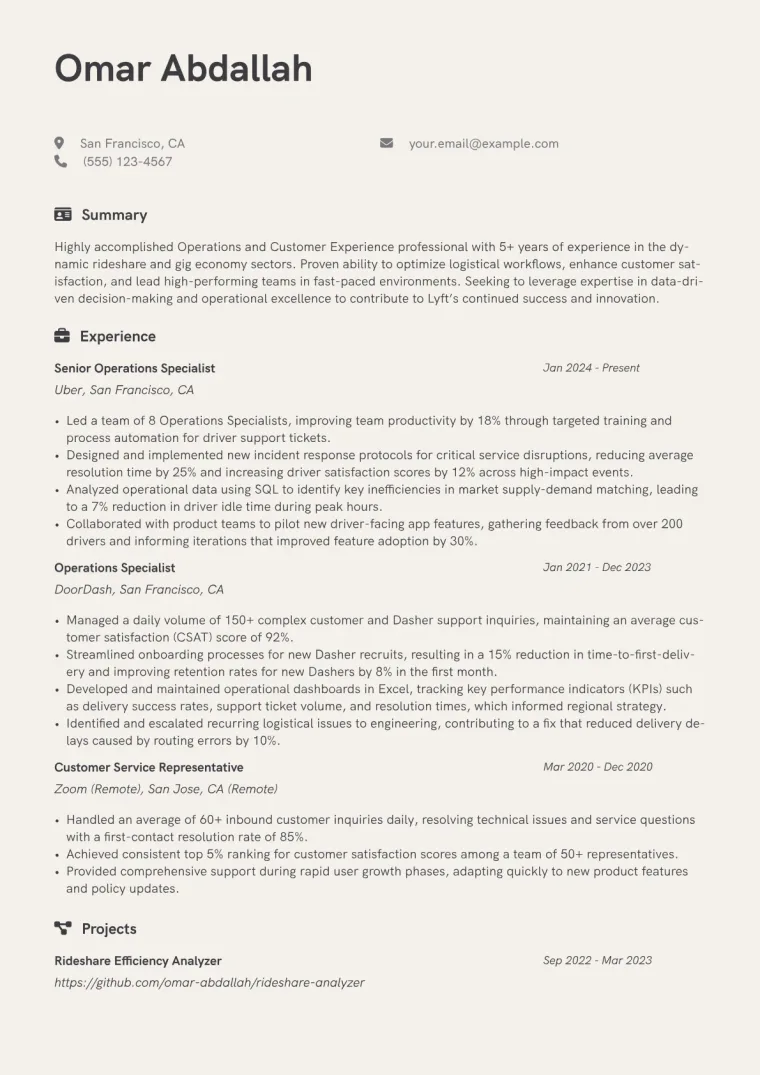 Lyft Resume Example CV template preview