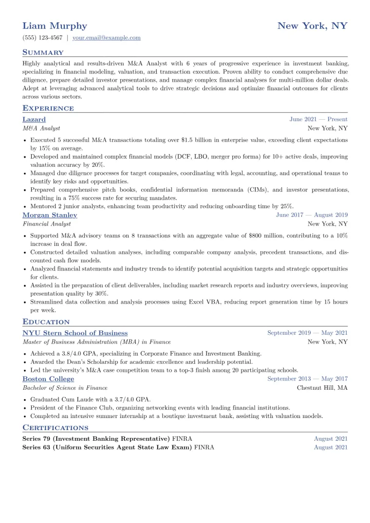 M&A Analyst Resume Example CV template preview