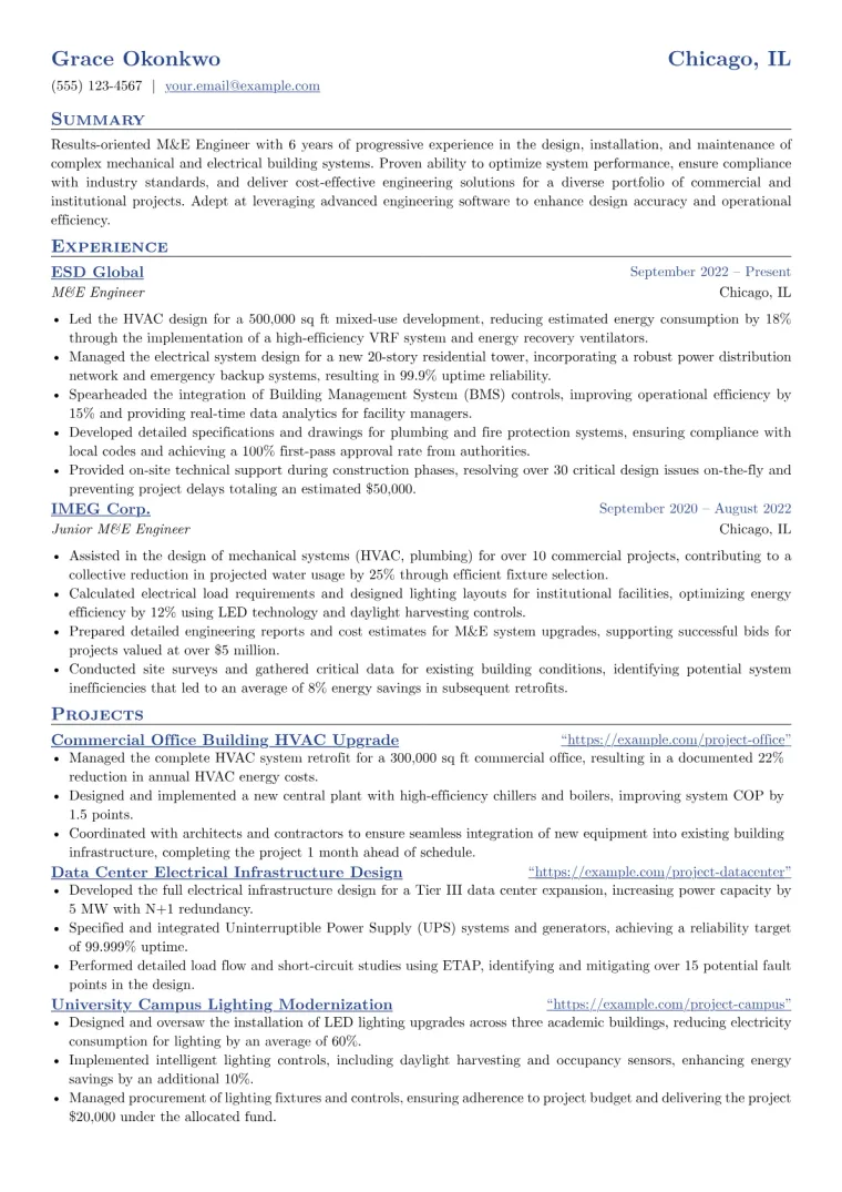 M&E Engineer Resume Example CV template preview