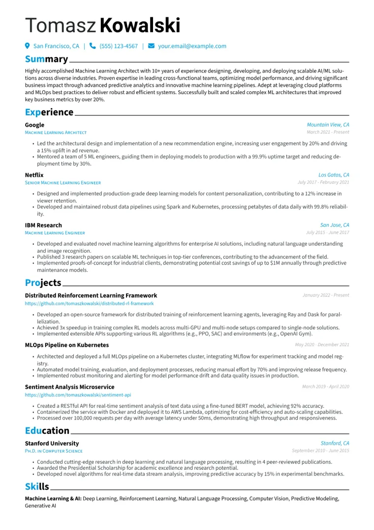 Machine Learning Architect Resume Example CV template preview