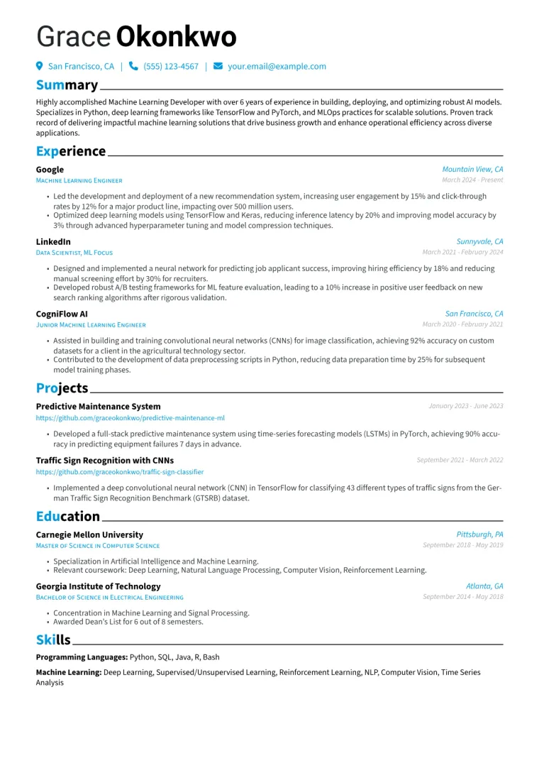 Machine Learning Developer Resume Example preview