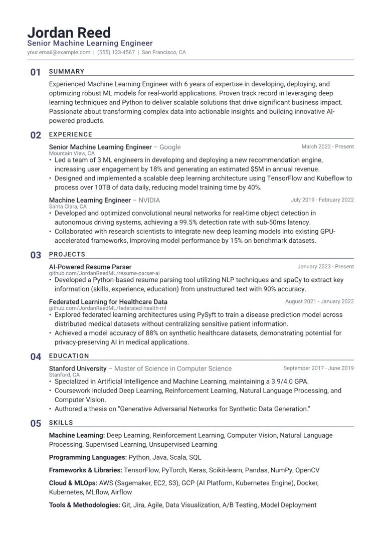Machine Learning Engineer Resume Example CV template preview