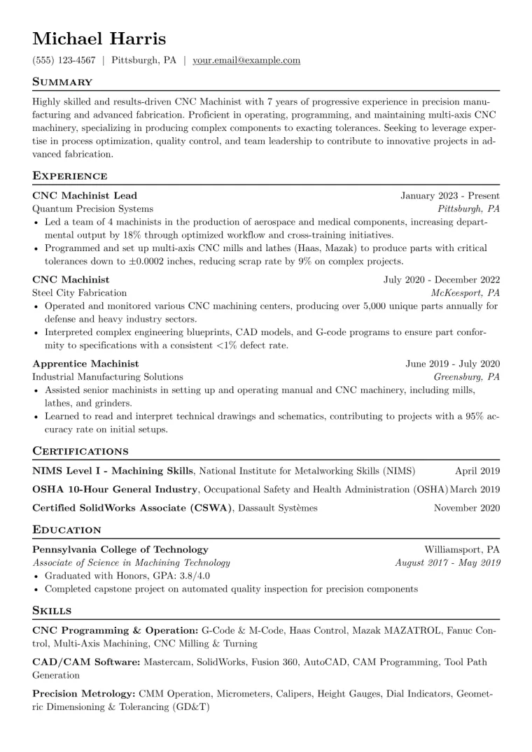 Machining Resume Example CV template preview