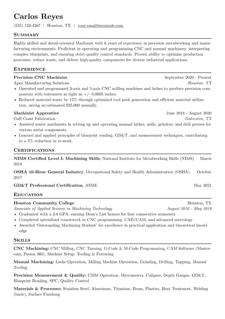 Machinist Resume Example CV template preview