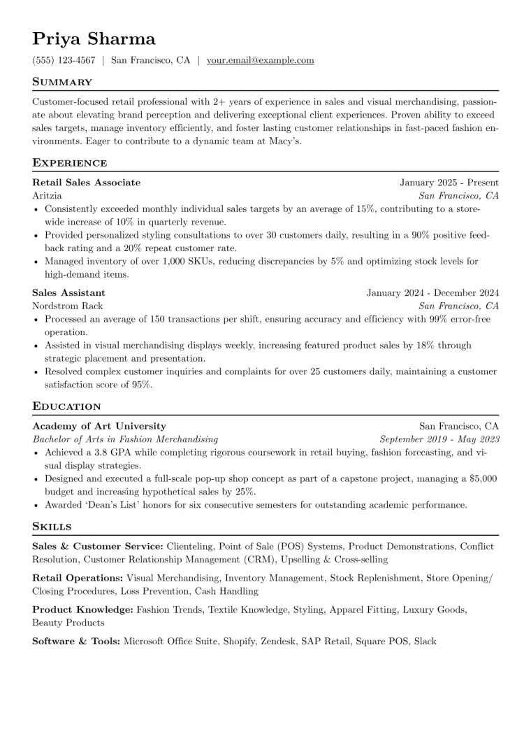 Macy's Resume Example CV template preview