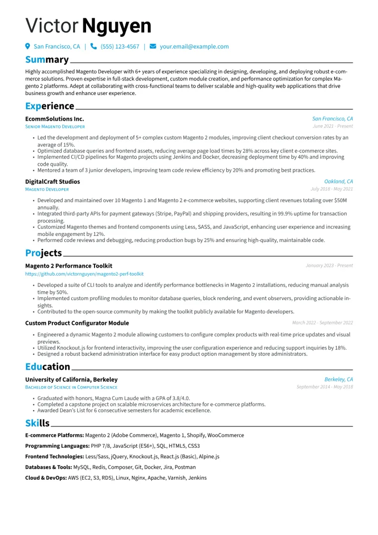 Magento Developer Resume Example CV template preview
