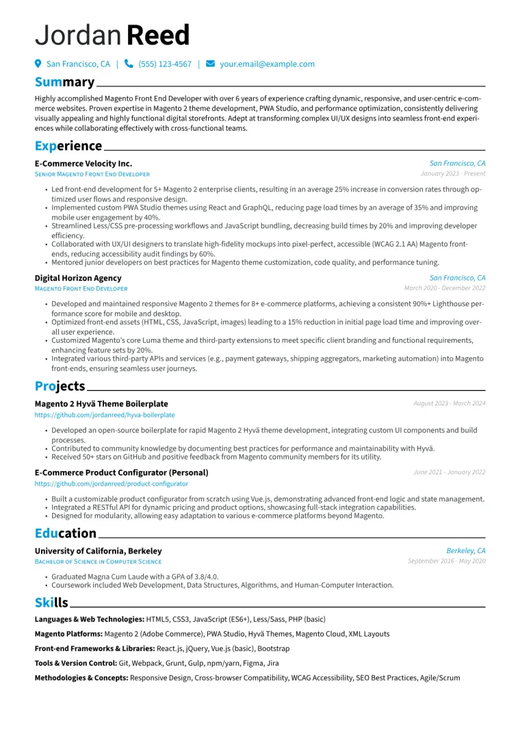 Magento Front End Developer Resume Example CV template preview