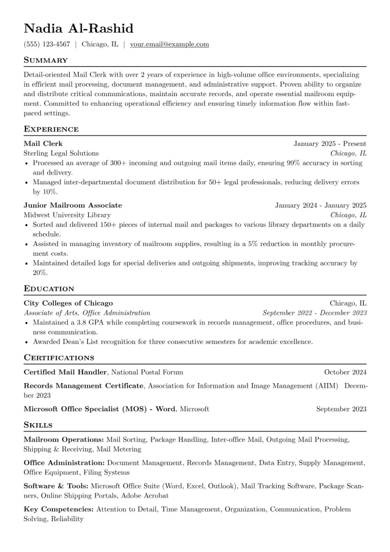 Mail Clerk Resume Example CV template preview