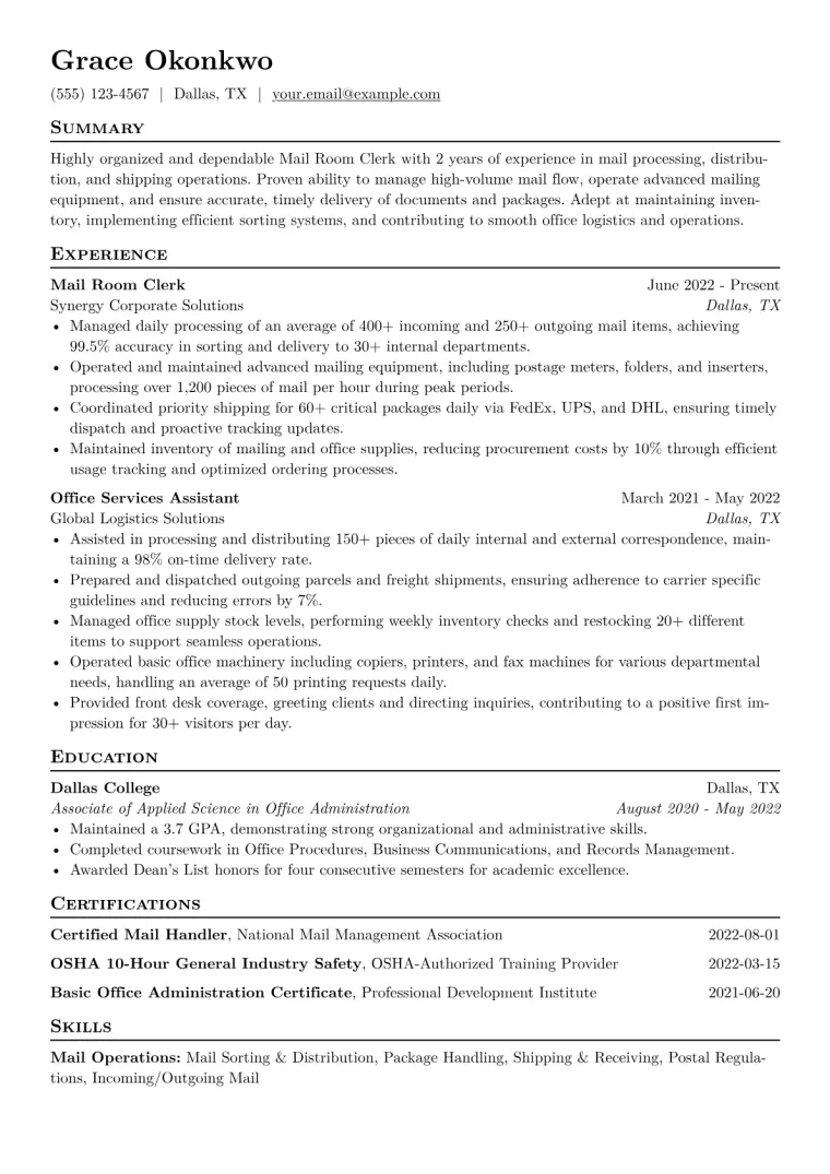 Mail Room Clerk Resume Example CV template preview