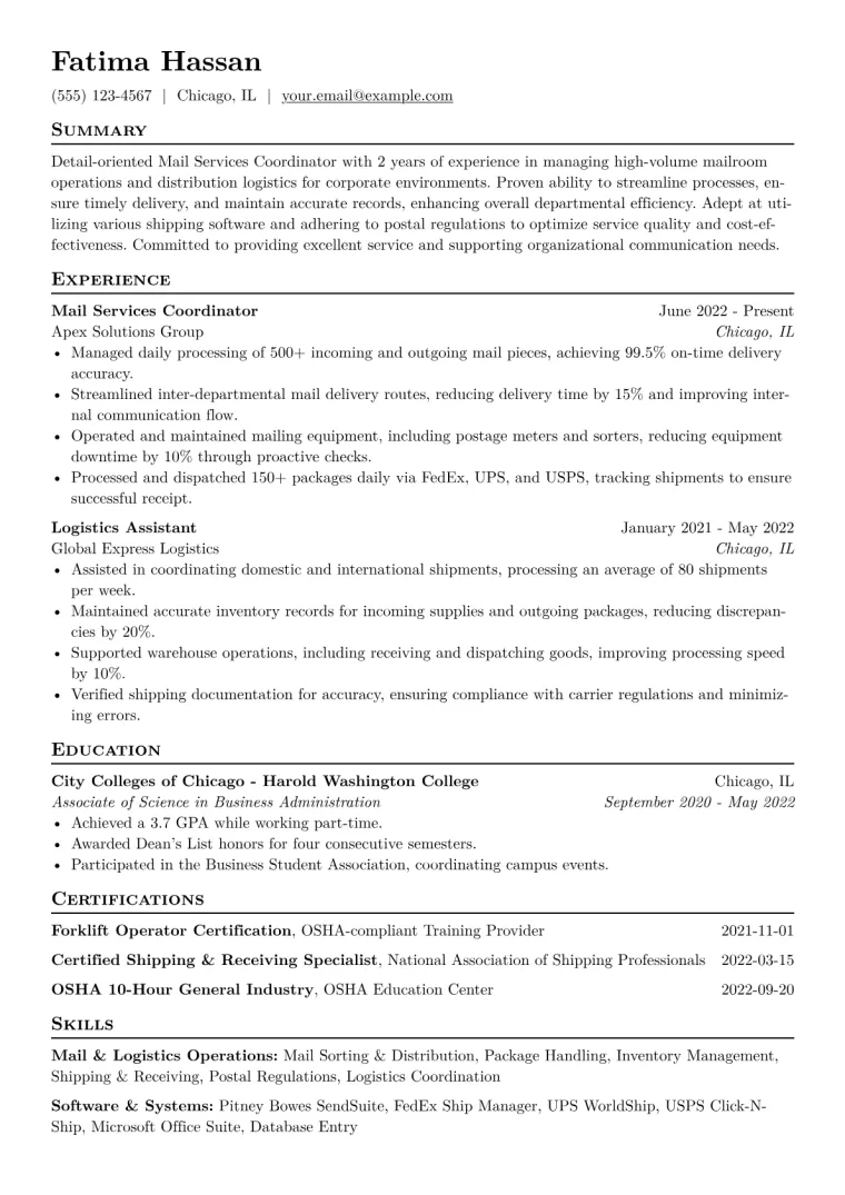 Mail Services Coordinator Resume Example CV template preview