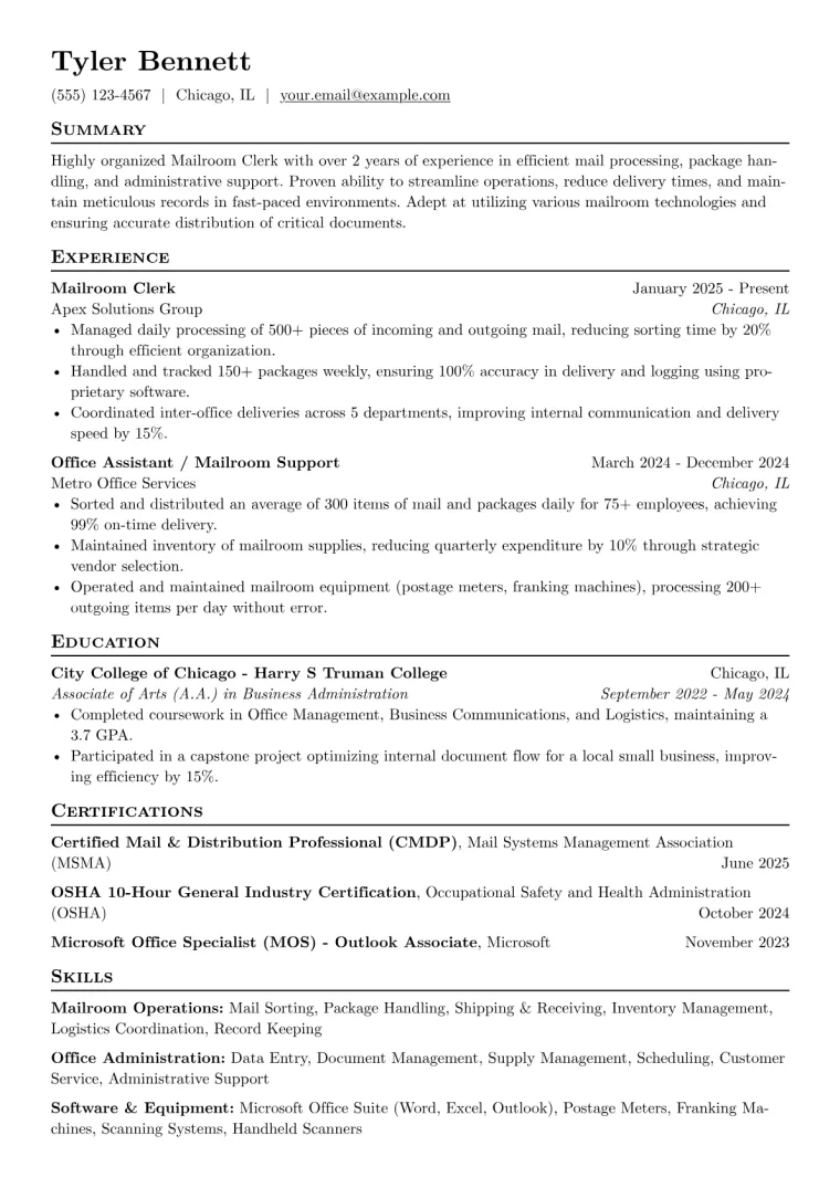 Mailroom Clerk Resume Example CV template preview