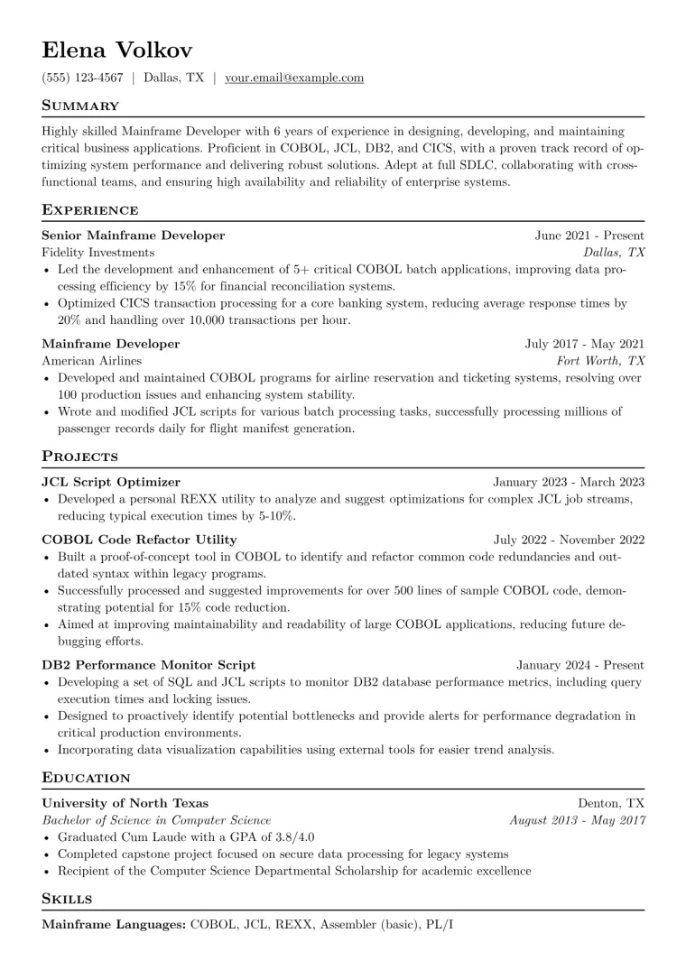Mainframe Developer Resume Example CV template preview