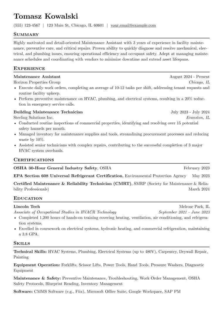 Maintenance Assistant Resume Example CV template preview