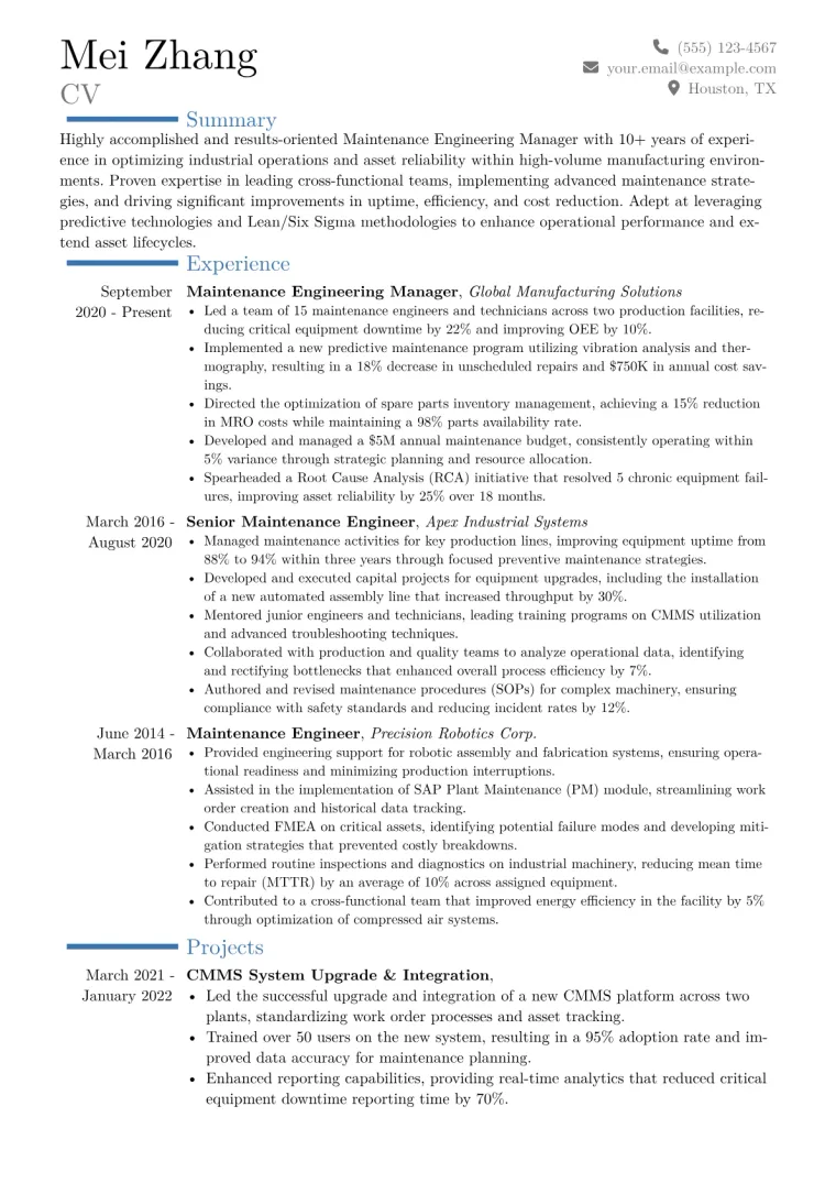 Maintenance Engineering Manager Resume Example CV template preview