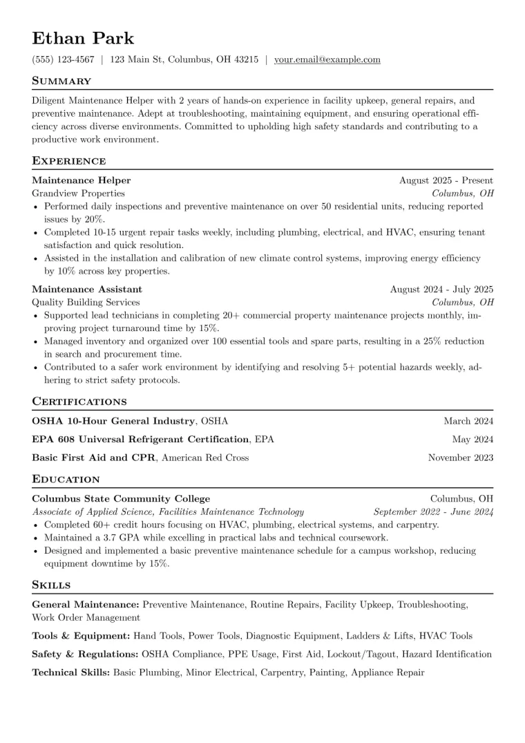 Maintenance Helper Resume Example CV template preview