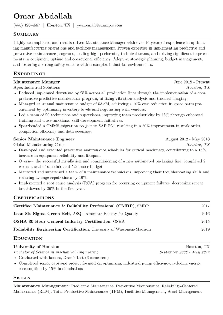 Maintenance Manager Resume Example CV template preview