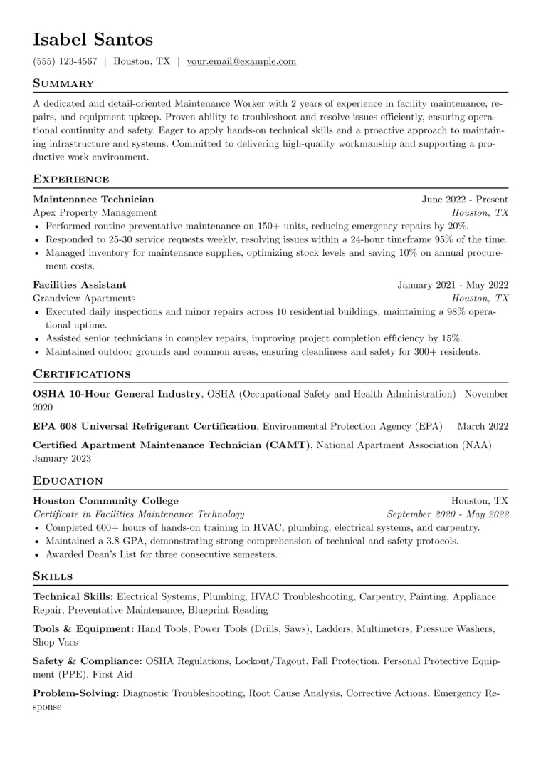 Maintenance Worker Resume Example CV template preview