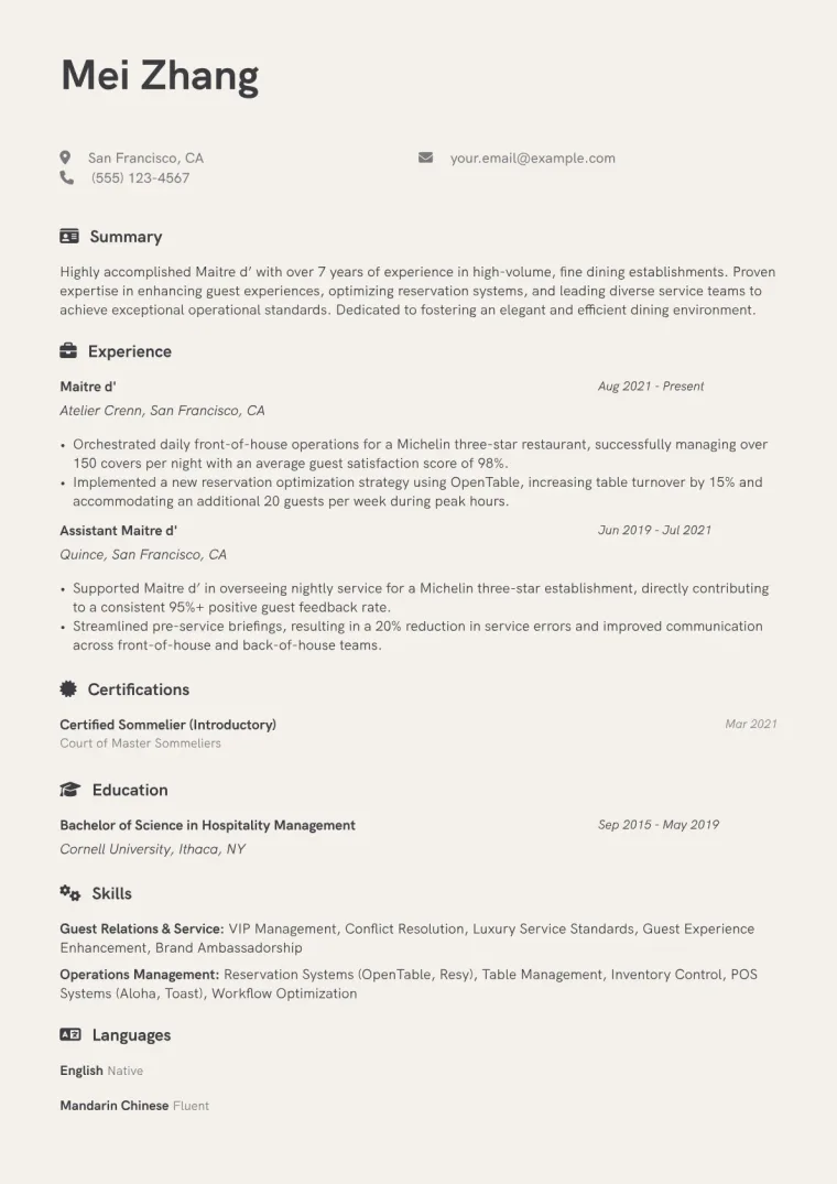 Maitre d' Resume Example CV template preview