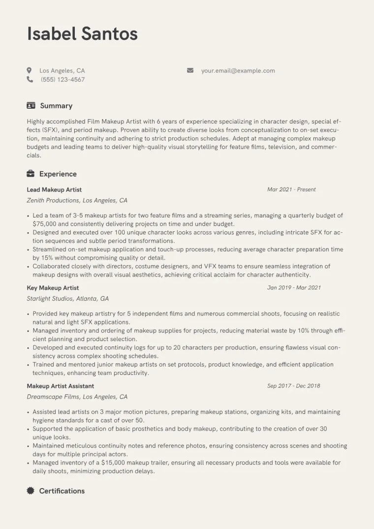 Makeup Artist Film Resume Example CV template preview