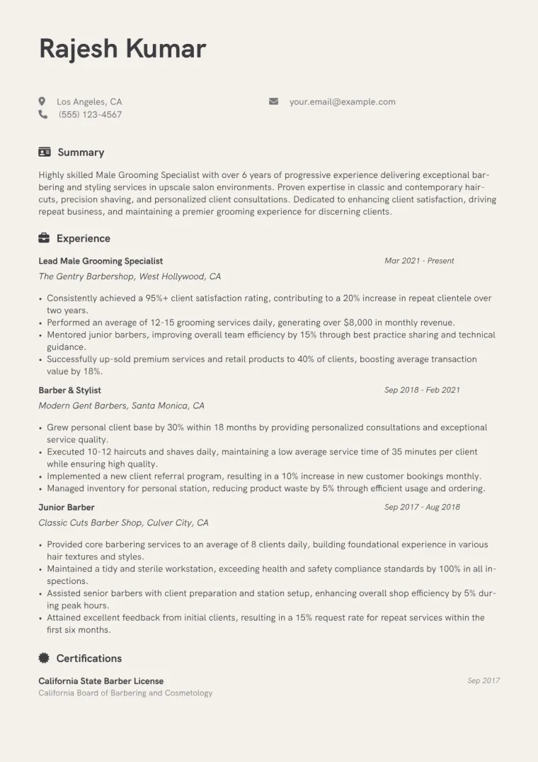 Male Grooming Specialist Resume Example CV template preview