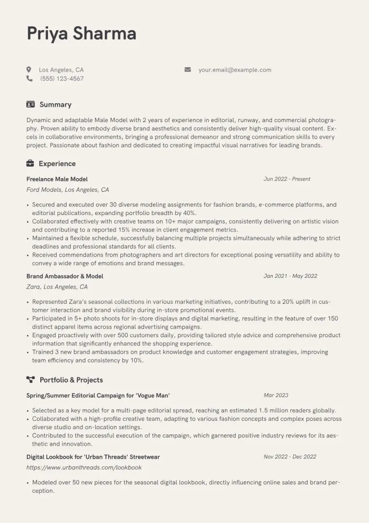 Male Model Resume Example CV template preview