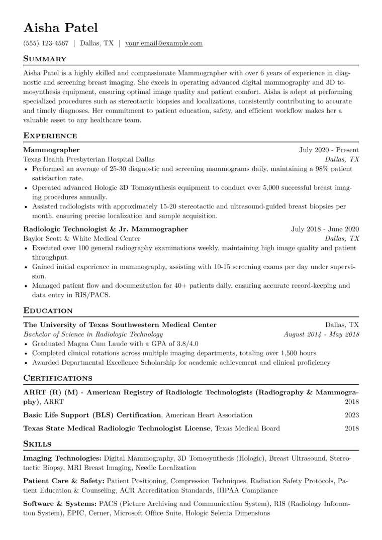 Mammographer Resume Example CV template preview